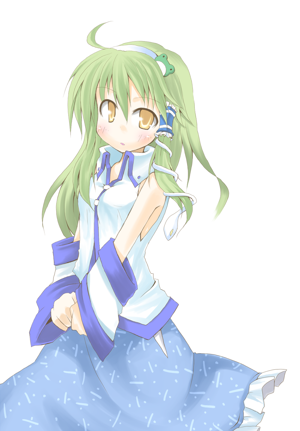 hane (hanegoya), kochiya sanae, touhou, bad id, bad pixiv id, colorized, highres, 1girl, ahoge, blush, detached sleeves, female focus, frog, green hair, japanese clothes, long hair, miko, snake, solo, yellow eyes