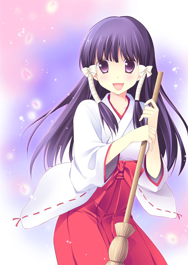 chany, murasame oshizu, to love-ru, 00s, broom, japanese clothes, long hair, miko, purple eyes, purple hair, solo