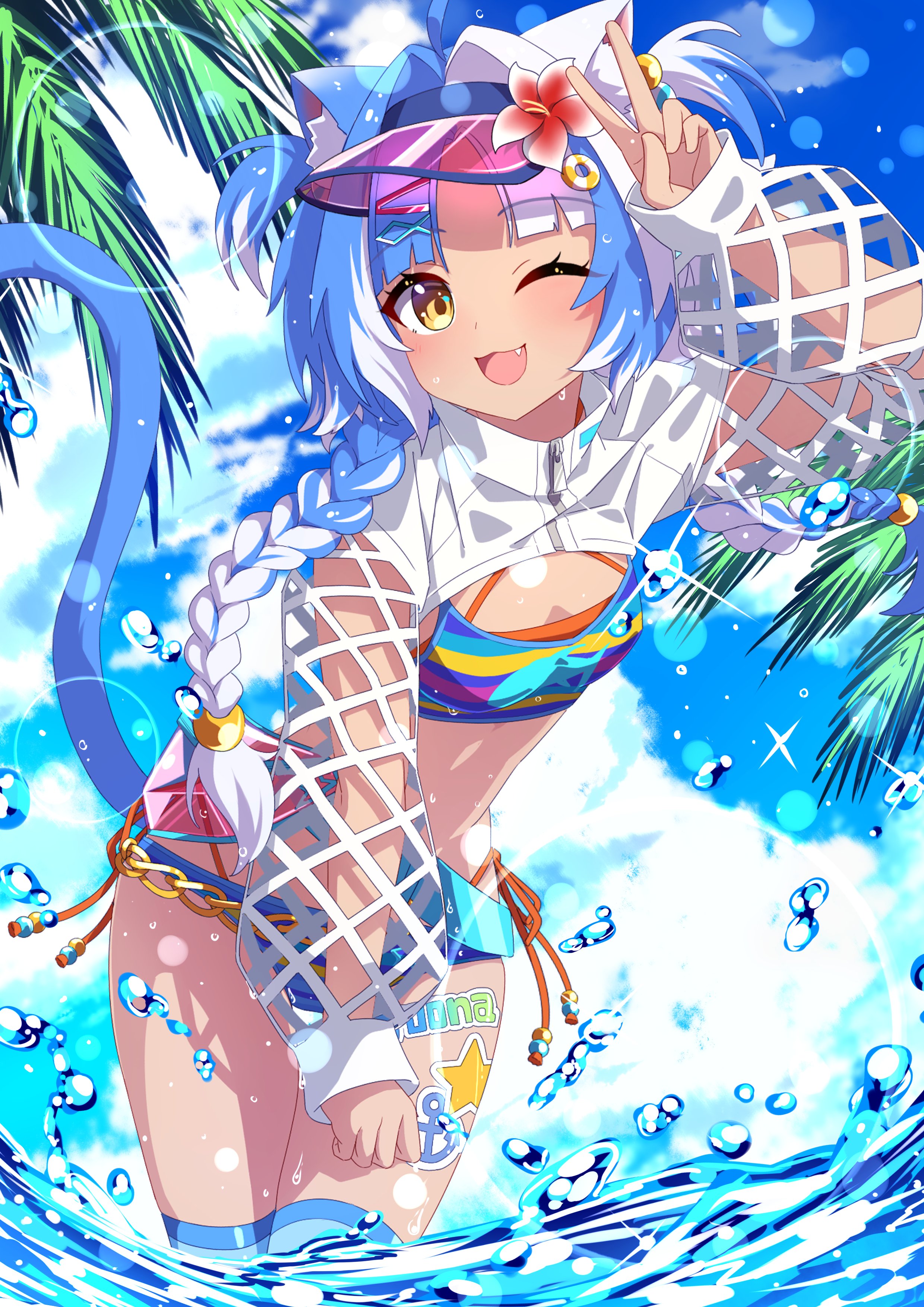 shimotsuki aoi, indie virtual youtuber, absurdres, highres, second-party source, 1girl, ;3, animal ears, arm up, bikini, blue hair, blue sky, blue socks, blue tail, blunt bangs, braid, braided ponytail, breasts, brown eyes, cat ears, cat girl, cowboy shot, day, fang, flower, hair flower, hair intakes, hair ornament, hair over shoulder, happy, hat, leaning forward, lens flare, long hair, multicolored hair, ocean, one eye closed, open mouth, outdoors, palm tree, partially submerged, pink hat, see-through clothes, see-through sleeves, shrug (clothing), sky, small breasts, socks, sparkle, standing, stomach, summer, swimsuit, tree, turtleneck, two-tone hair, v, visor cap, water drop, white hair, white shrug, zipper, zipper pull tab