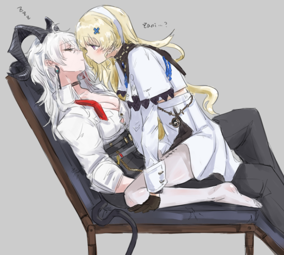 aoi (aoisaka), phoebe (wuthering waves), zani (wuthering waves), wuthering waves, commentary, 2girls, black choker, black gloves, black pants, blonde hair, blush, breasts, choker, cleavage, closed eyes, closed mouth, collared shirt, demon horns, dress, earrings, eye contact, gloves, grey background, hairband, horns, jewelry, large breasts, long hair, looking at another, multiple girls, pants, pantyhose, purple eyes, shirt, simple background, sitting, sitting on lap, sitting on person, sleeping, white dress, white hair, white hairband, white pantyhose, white shirt, yuri, zzz