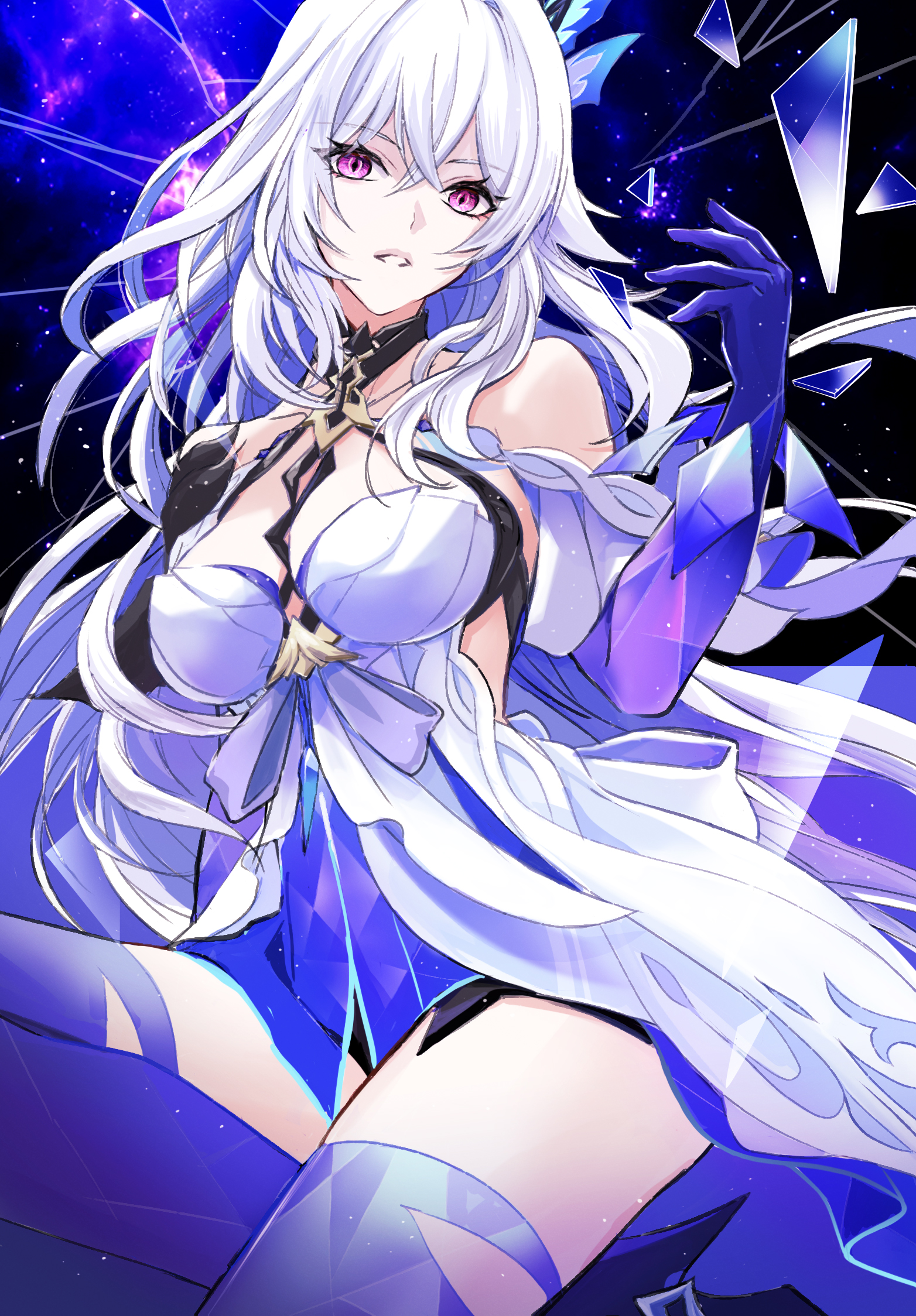 chiya (sere1), skirk (genshin impact), genshin impact, commentary request, highres, revision, 1girl, bare shoulders, breasts, closed mouth, colored inner hair, crossed bangs, dress, expressionless, hair between eyes, hand up, large breasts, long hair, looking at viewer, multicolored hair, pink eyes, prosthesis, prosthetic arm, prosthetic leg, solo, star (sky), starry sky background, very long hair, white dress, white hair