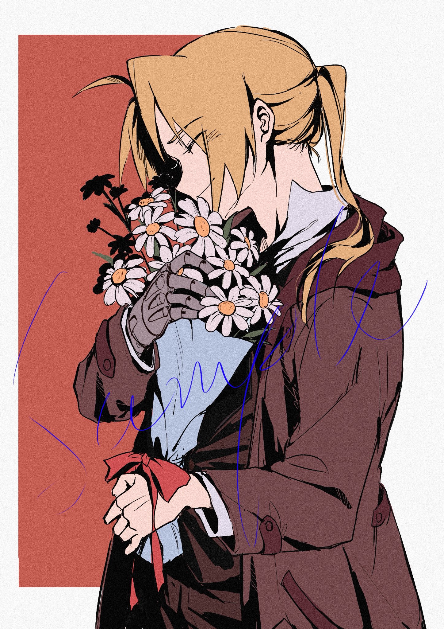 edward elric, fullmetal alchemist, highres, 1boy, ahoge, blonde hair, border, bouquet, brown background, brown coat, closed eyes, coat, flower, holding, holding bouquet, long hair, male focus, mechanical arms, parted bangs, ponytail, sample watermark, shirt, single mechanical arm, smile, solo, upper body, watermark, white border, white shirt, yeknnnnn