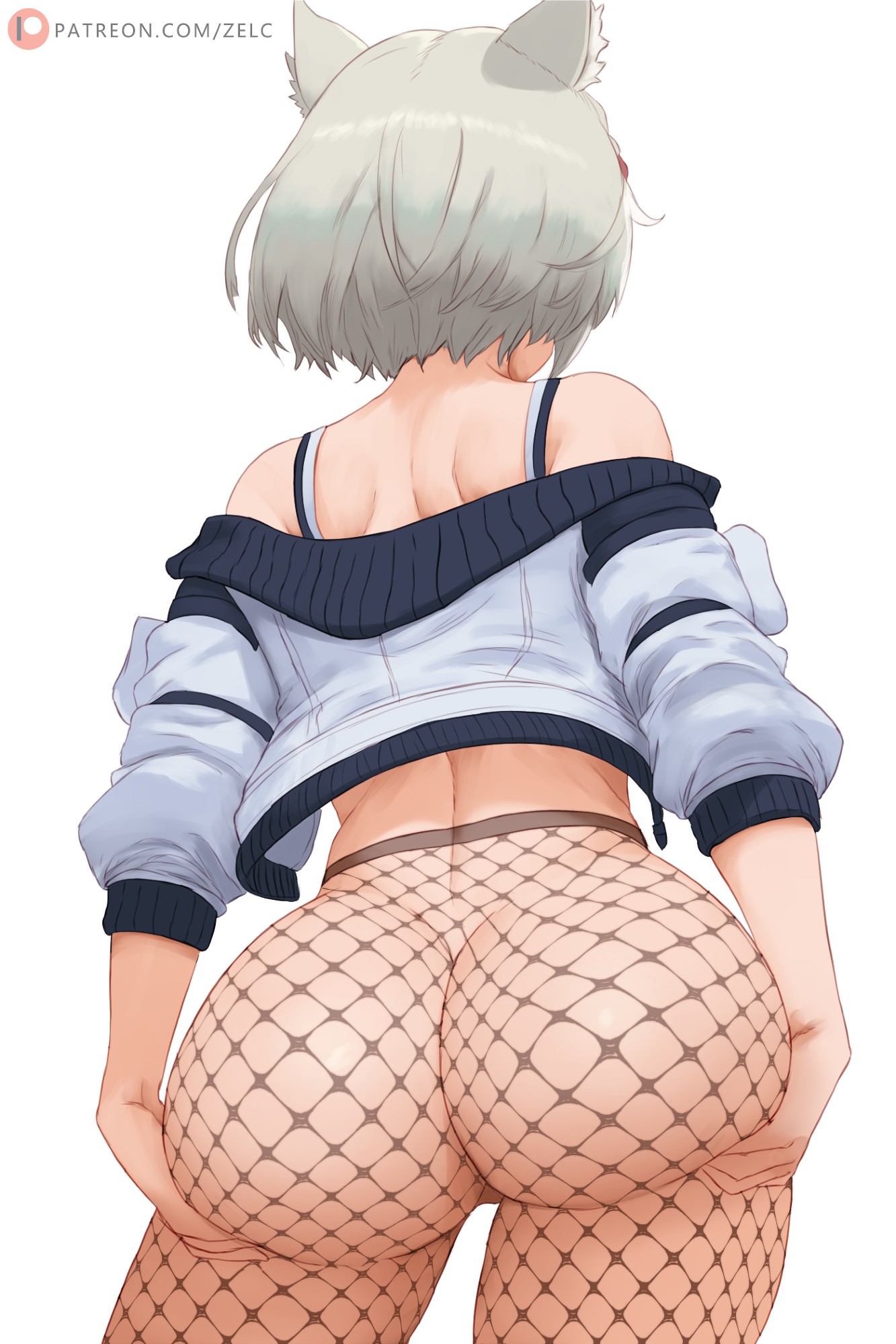zelc-face, mio (xenoblade), xenoblade chronicles (series), xenoblade chronicles 3, highres, 1girl, animal ears, ass, ass focus, ass support, bare shoulders, bob cut, cat ears, cowboy shot, cropped jacket, facing away, fishnet pantyhose, fishnets, from behind, grabbing own ass, grey hair, jacket, no panties, off shoulder, pantyhose, short hair, simple background, solo, spaghetti strap, tank top, white background, white jacket, white tank top