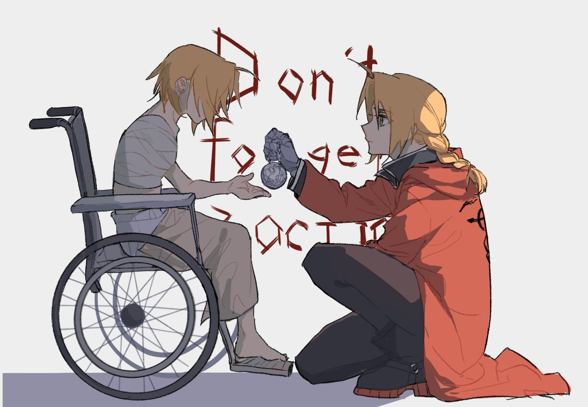 edward elric, fullmetal alchemist, highres, 2boys, ahoge, amputee, bandaged chest, black jacket, black pants, blonde hair, braid, coat, english text, full body, holding, holding pocket watch, jacket, long coat, long hair, looking at another, male focus, mechanical arms, military uniform, multiple boys, on one knee, pants, parted bangs, pocket watch, red coat, short hair, shorts, silver trim, single braid, single mechanical arm, sitting, topless male, watch, white shorts, yeknnnnn, yellow eyes