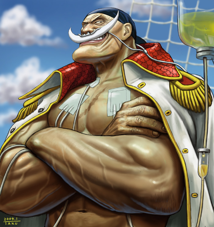 matataku, edward newgate, one piece, 1boy, bandana, blue sky, crossed arms, facial hair, grin, intravenous drip, jacket, male focus, manly, medical, muscular, mustache, open clothes, open shirt, pirate, realistic, scar, shirt, sky, smile, solo, topless male, white hair