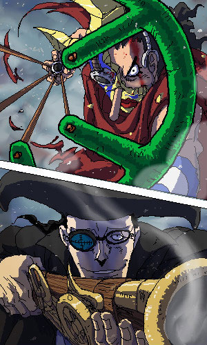 nika (nikasa an), sogeking, usopp, van augur, one piece, lowres, 2boys, battle, blood, broken mask, epic, fighting, glasses, goggles, gun, hat, male focus, manly, marksman, mask, multiple boys, pirate, slingshot (weapon), weapon