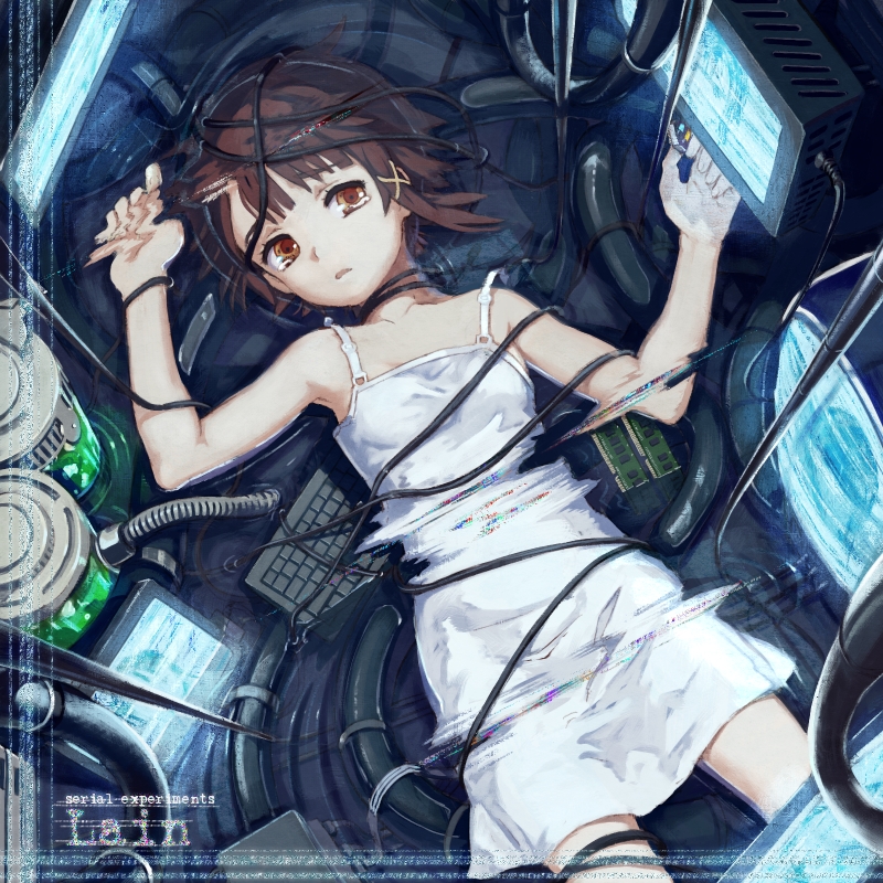 toto (vanilla), iwakura lain, serial experiments lain, bad id, bad pixiv id, 1990s (style), 1girl, asymmetrical hair, brown eyes, brown hair, cable, chemise, computer, computer keyboard, distortion, female focus, hair ornament, hairclip, it's not water it is liquid carbon, lingerie, lying, monitor, negligee, retro artstyle, short hair, solo, static, tears, underwear, water, wire