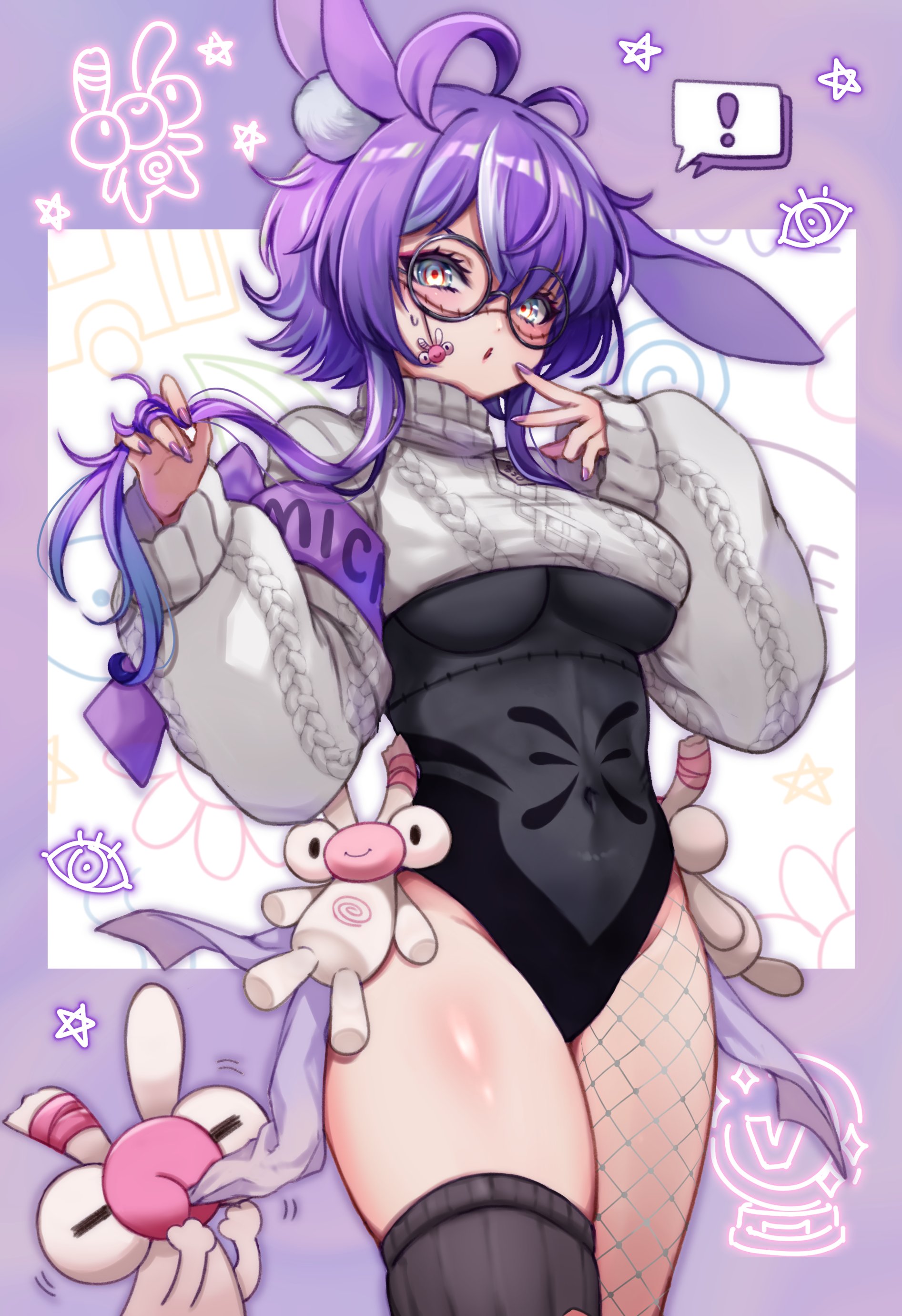 rabio (labi555), jared (michi mochievee), michi mochievee, michi mochievee (bunny), indie virtual youtuber, absurdres, highres, !, 1girl, :o, animal ears, arms up, asymmetrical legwear, black leotard, black thighhighs, blush, breasts, covered navel, cropped sweater, feet out of frame, fishnet thighhighs, fishnets, groin, leotard, long sleeves, looking at viewer, medium breasts, mismatched legwear, purple background, purple hair, purple nails, rabbit ears, red eyes, round eyewear, short hair with long locks, solo, spoken exclamation mark, stitched face, stitches, sweat, sweater, thighhighs, virtual youtuber, white background, white streaks, white sweater, yellow eyes