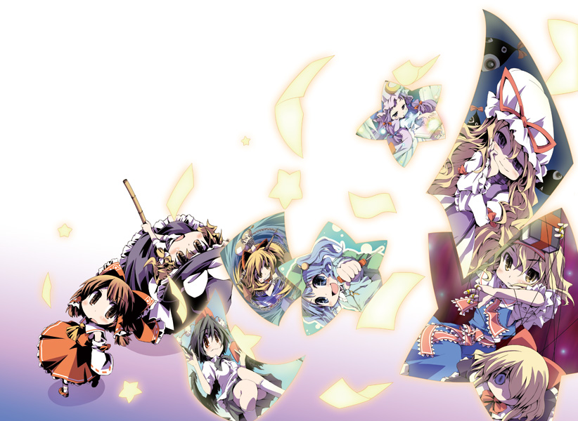 ham (points), alice margatroid, hakurei reimu, ibuki suika, kawashiro nitori, kirisame marisa, patchouli knowledge, shameimaru aya, yakumo yukari, touhou, shatter, 2girls, :o, black hair, blonde hair, blue eyes, blue hair, blush, brown hair, chibi, female focus, frills, hair bobbles, hair ornament, hat, loli, looking at viewer, mob cap, multiple girls, parted lips, pink hair, short hair, simple background, tareme, twintails, white background, witch hat
