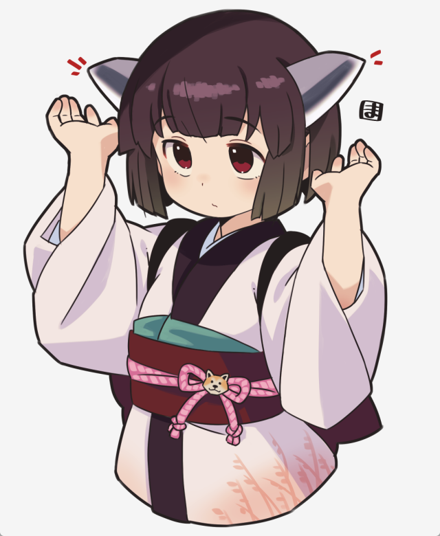 mawaru (mawaru), touhoku kiritan, voiceroid, commentary request, 1girl, arm up, border, brown hair, closed mouth, cropped torso, grey background, hand up, headgear, japanese clothes, kimono, long sleeves, notice lines, obi, red eyes, sash, short hair, solo, upper body, white border, white kimono, wide sleeves