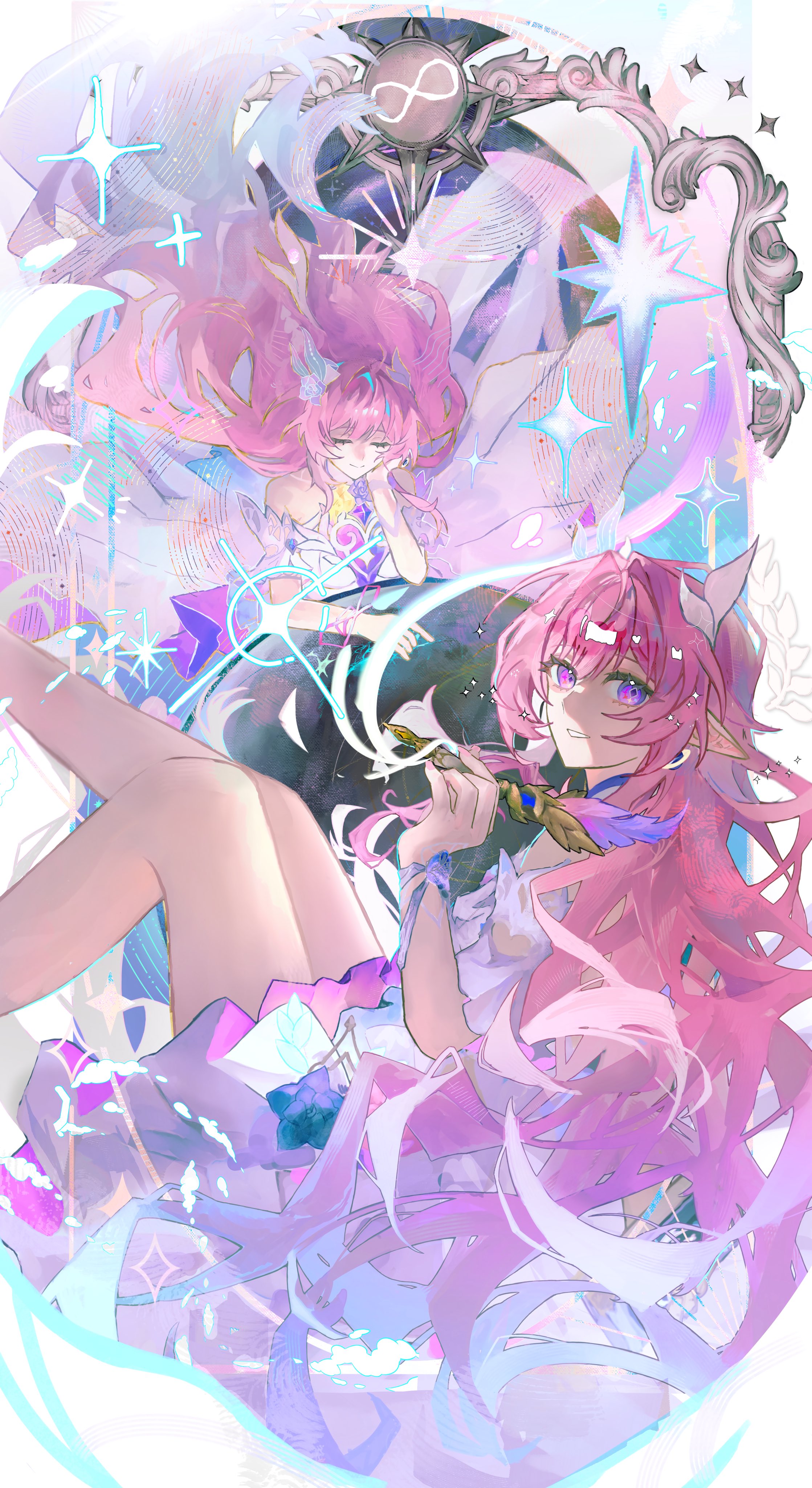 x431788, cyrene (honkai: star rail), cyrene (ripples of past reverie) (honkai: star rail), honkai: star rail, honkai (series), absurdres, highres, 1girl, bare shoulders, breasts, diamond-shaped pupils, diamond (shape), dress, earrings, holding, holding quill, jewelry, large breasts, long hair, looking at viewer, multiple views, pink hair, pointy ears, purple eyes, quill, smile, symbol-shaped pupils, thighs, very long hair, white dress