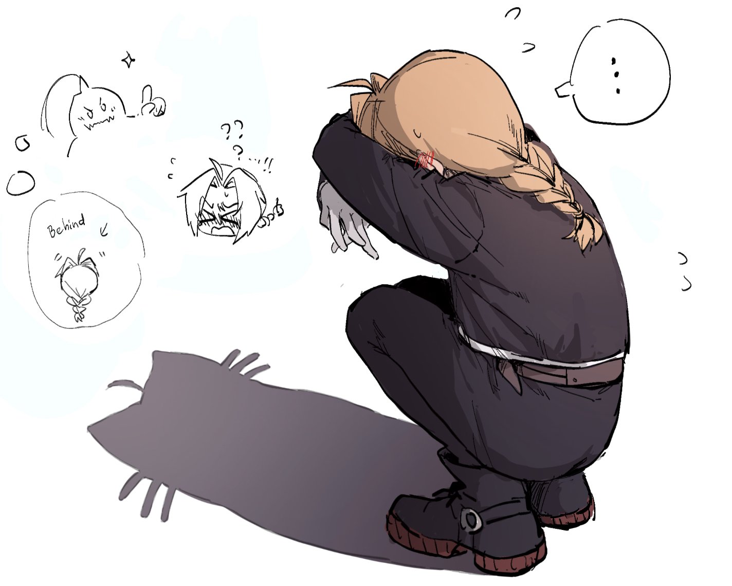 alphonse elric, edward elric, fullmetal alchemist, > <, …, 2boys, ?, ahoge, black boots, black jacket, black pants, blonde hair, blush, boots, braid, brothers, cat shadow puppet (meme), crossed arms, d:, dx, full body, gloves, jacket, long hair, meme, multiple boys, open mouth, pants, plume, siblings, single braid, spoken ellipsis, squatting, sweatdrop, white background, white gloves, yeknnnnn