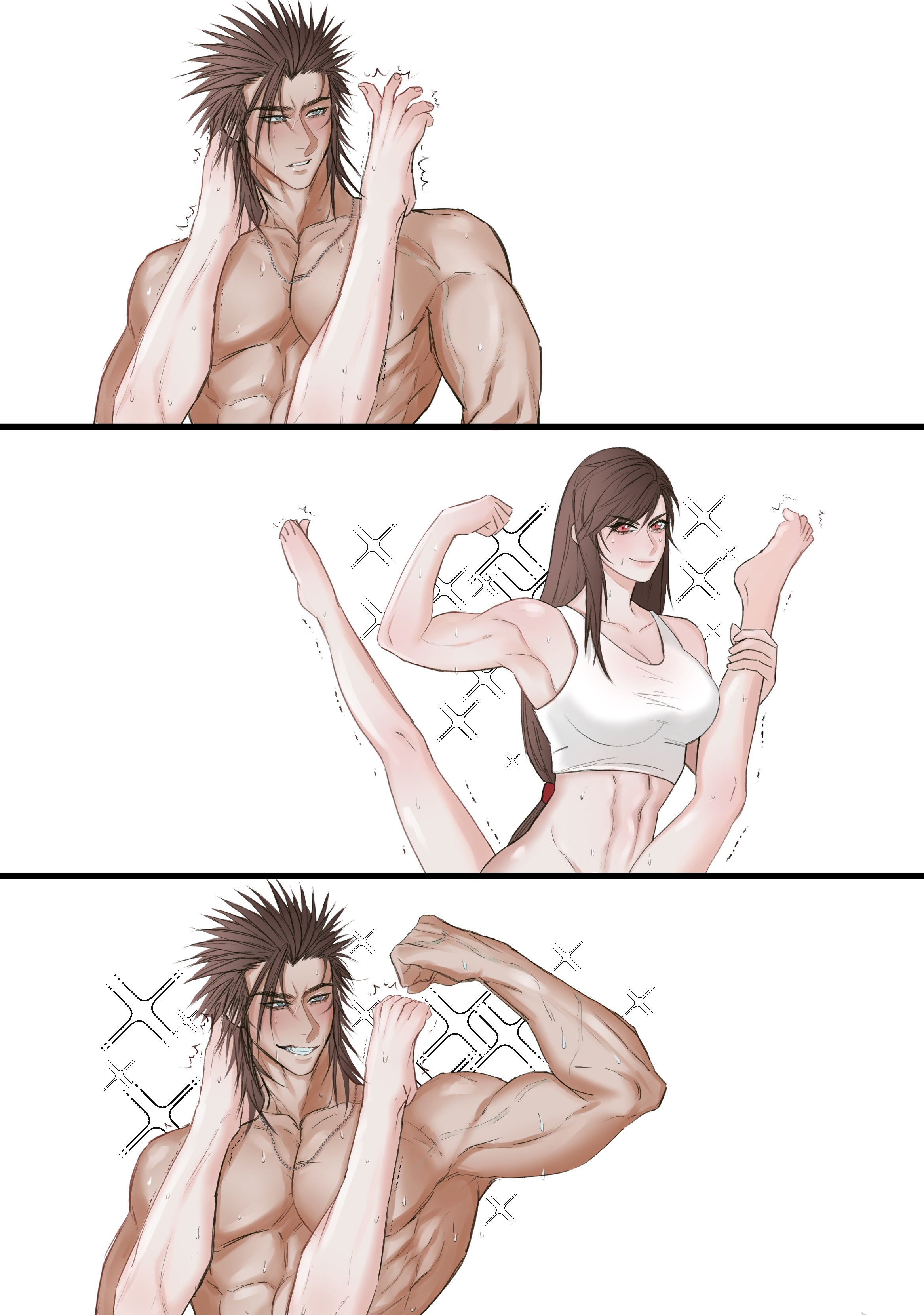 tifa lockhart, zack fair, american psycho, final fantasy, final fantasy vii, absurdres, highres, 2boys, 2girls, abs, american psycho sex scene (meme), bare arms, barefoot, black hair, blue eyes, breasts, chain, chain necklace, cleavage, crop top, flexing, furrowed brow, grin, hair between eyes, hair slicked back, hair tie, holding another's leg, implied sex, jewelry, large breasts, long hair, looking at another, low-tied long hair, medium hair, meme, midriff, multiple boys, multiple girls, muscular, muscular female, muscular male, navel, necklace, parted lips, red eyes, shirt, sideburns, smile, sparkle, sweat, teeth, topless male, trembling, white background, white shirt, yaoi, yuri, zaxkura69