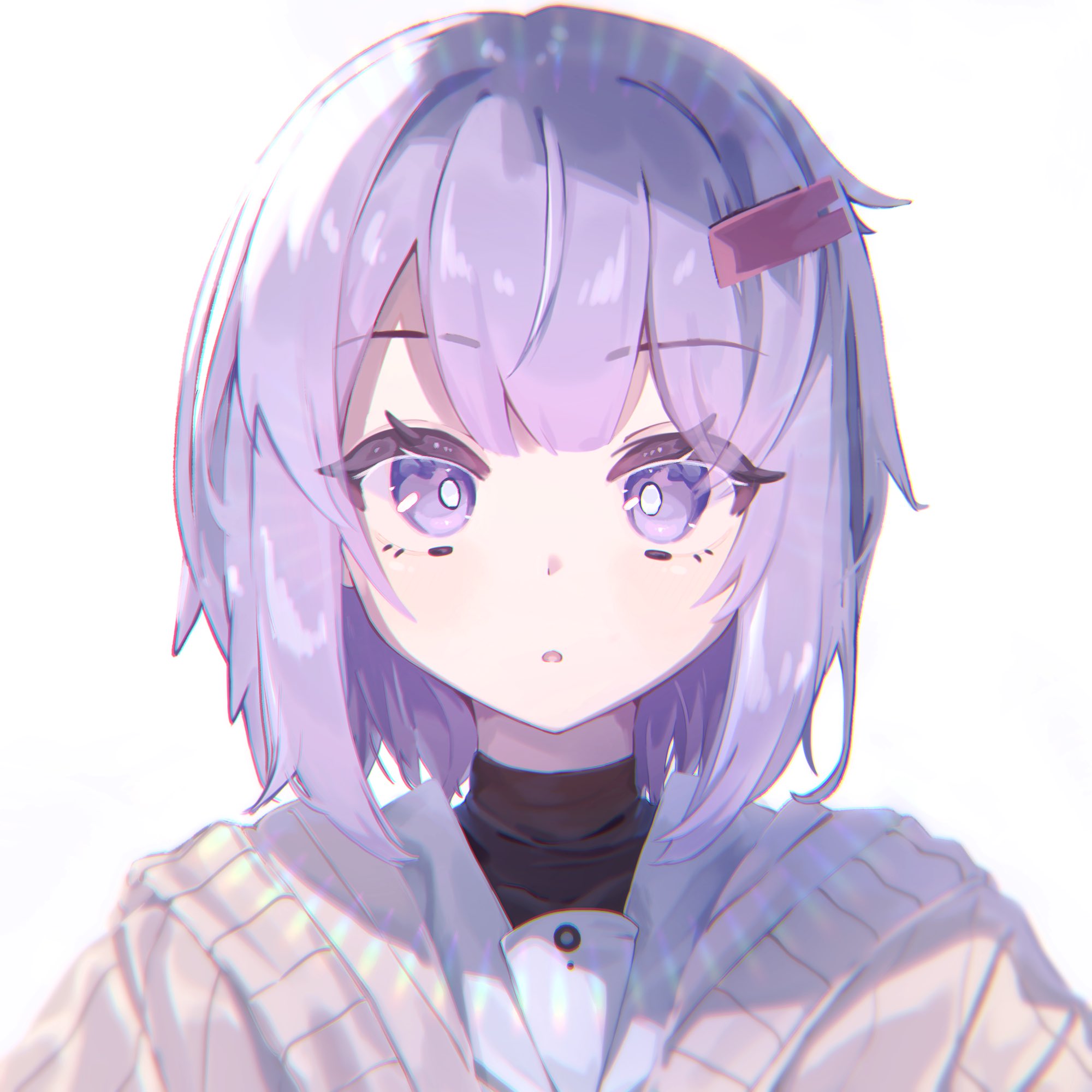 hamano yui, yuzuki yukari, yuzuki yukari (shizuku), a.i. voice, commentary, highres, 1girl, hair ornament, hairclip, looking at viewer, medium hair, portrait, purple eyes, purple hair, solo, straight-on, white background