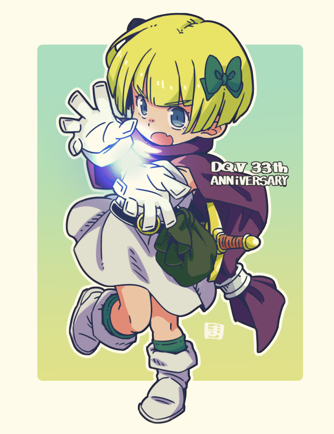 mawaru (mawaru), hero's daughter (dq5), dragon quest, dragon quest v, commentary request, 1girl, :o, anniversary, belt, black belt, blonde hair, blue eyes, bob cut, boots, border, bow, brown border, cape, copyright name, dress, fang, full body, gloves, green bow, green socks, hair bow, kneehighs, looking at viewer, open mouth, purple cape, short hair, socks, solo, standing, standing on one leg, sword, thick eyebrows, v-shaped eyebrows, weapon, white boots, white dress, white gloves