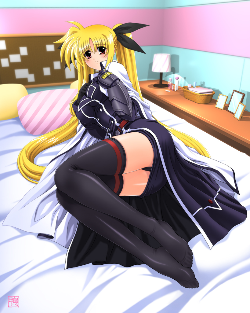 kamogawa tanuki, fate testarossa, fate testarossa (impulse form), lyrical nanoha, mahou shoujo lyrical nanoha, mahou shoujo lyrical nanoha strikers, 00s, 1girl, black thighhighs, blonde hair, breasts, feet, female focus, large breasts, long hair, red eyes, solo, thighhighs, twintails, very long hair
