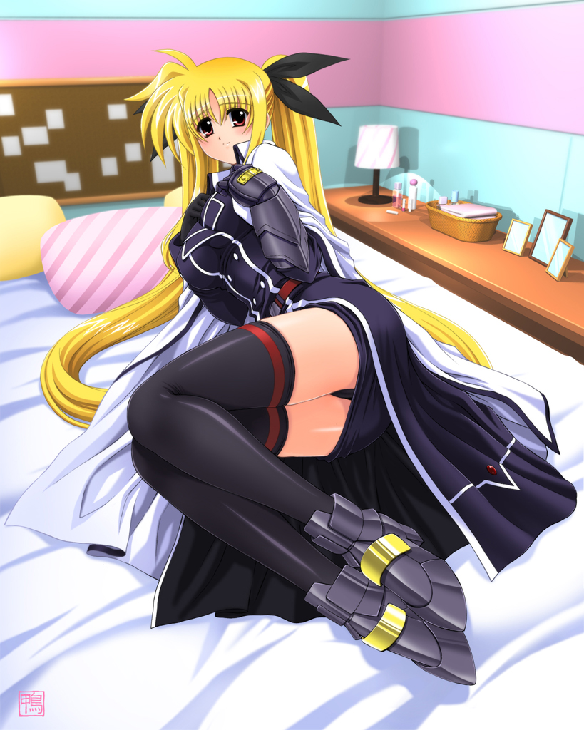 kamogawa tanuki, fate testarossa, fate testarossa (impulse form), lyrical nanoha, mahou shoujo lyrical nanoha, mahou shoujo lyrical nanoha strikers, 00s, 1girl, black thighhighs, blonde hair, breasts, female focus, large breasts, long hair, red eyes, solo, thighhighs, twintails, very long hair