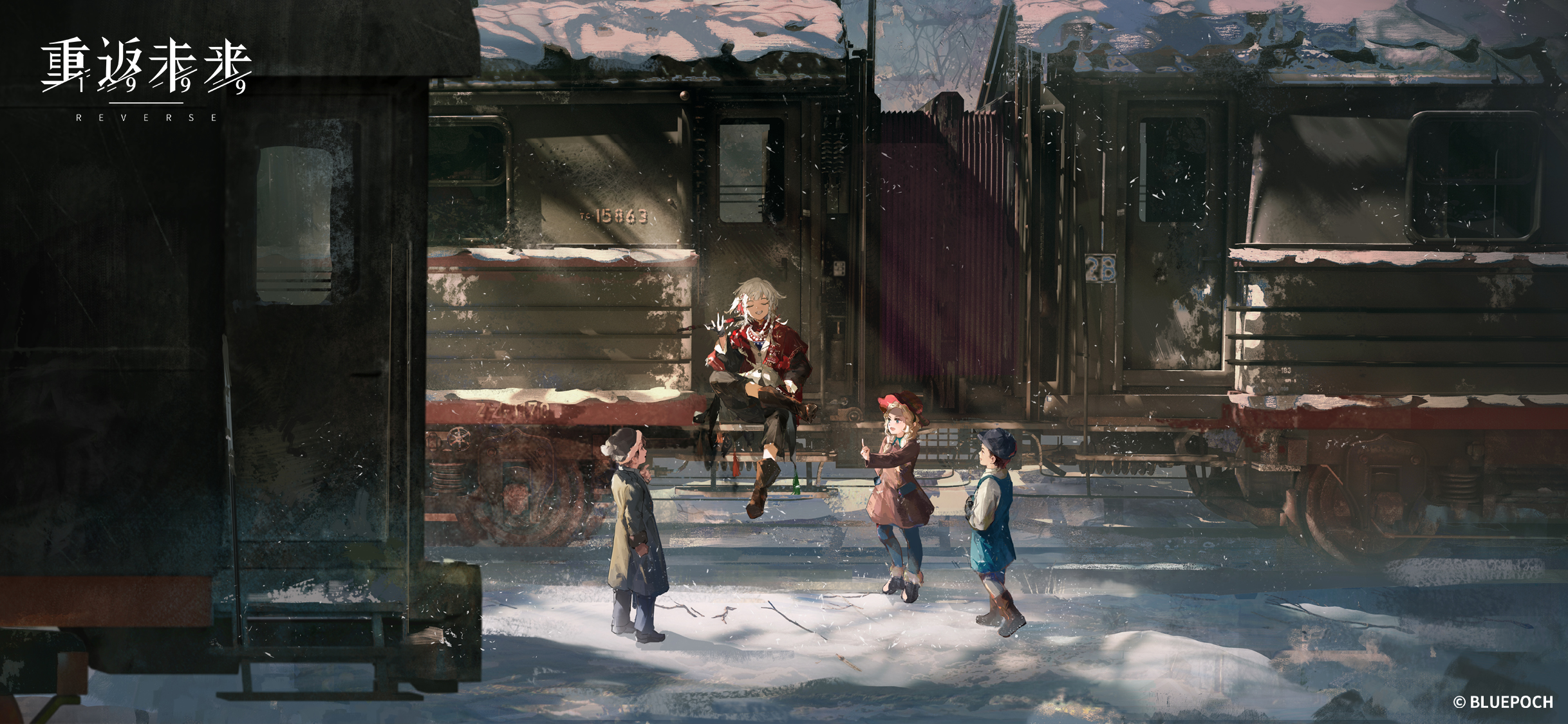rubuska, reverse:1999, highres, official art, official wallpaper, 2boys, 2girls, beanie, black coat, black hat, black pants, black shoes, blonde hair, blue coat, blue eyes, blue pants, boots, brown boots, brown coat, cloak, closed eyes, coat, copyright name, copyright notice, crossed legs, day, facing viewer, flute, grin, hat, holding, holding flute, holding instrument, index finger raised, instrument, jacket, logo, looking at another, low twintails, medium hair, multiple boys, multiple girls, open mouth, outdoors, pants, pom pom (clothes), pom pom beanie, quad braids, red cloak, red hat, shirt, shoes, short hair, smile, snow, standing, sunlight, teeth, train, twintails, white hair, white jacket, white shirt, wide shot