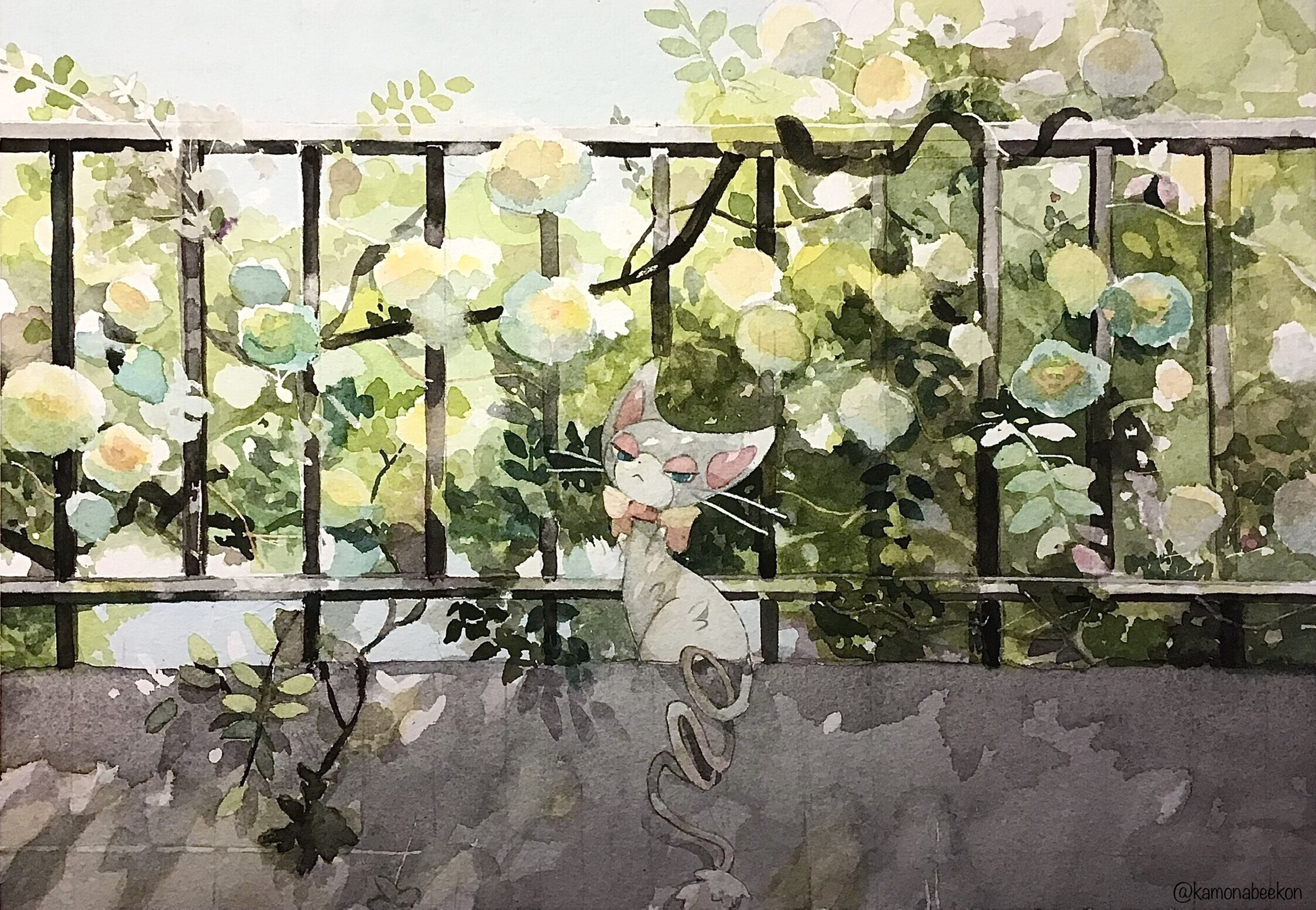 kamonabe (kamonabeekon), glameow, nintendo, pokemon, commentary request, highres, painting (medium), traditional media, watercolor (medium), animal focus, blue eyes, cat, day, flower, gen 4 pokemon, half-closed eyes, looking at viewer, no humans, outdoors, plant, pokemon (creature), pokemon focus, railing, sitting, stone wall, twitter username, whiskers, white flower