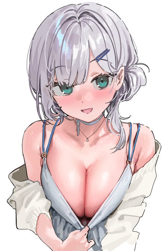 kanzarin, shirogane noel, shirogane noel (9th costume), hololive, commentary, 1girl, :d, babydoll, blue choker, blush, breasts, cardigan, choker, cleavage, green eyes, grey hair, hair ornament, hair rings, hairclip, large breasts, looking at viewer, medium hair, official alternate costume, official alternate hairstyle, open mouth, simple background, single hair ring, smile, solo, upper body, virtual youtuber, white babydoll, white background, white cardigan