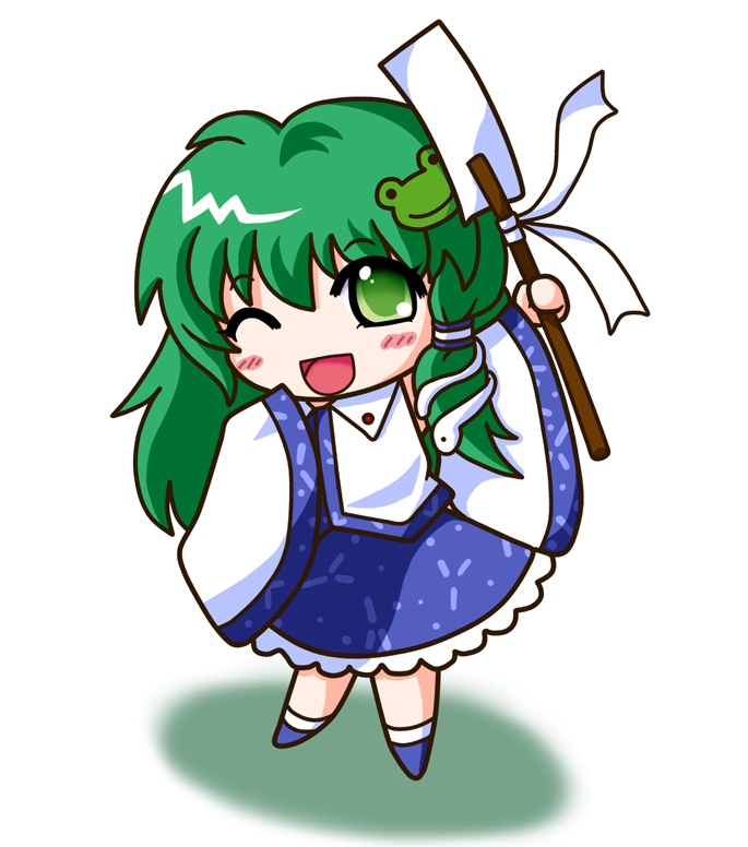 fere, ferre, kochiya sanae, touhou, 1girl, chibi, detached sleeves, female focus, frog, gohei, green eyes, green hair, japanese clothes, matching hair/eyes, miko, one eye closed, oonusa, snake, solo, wink