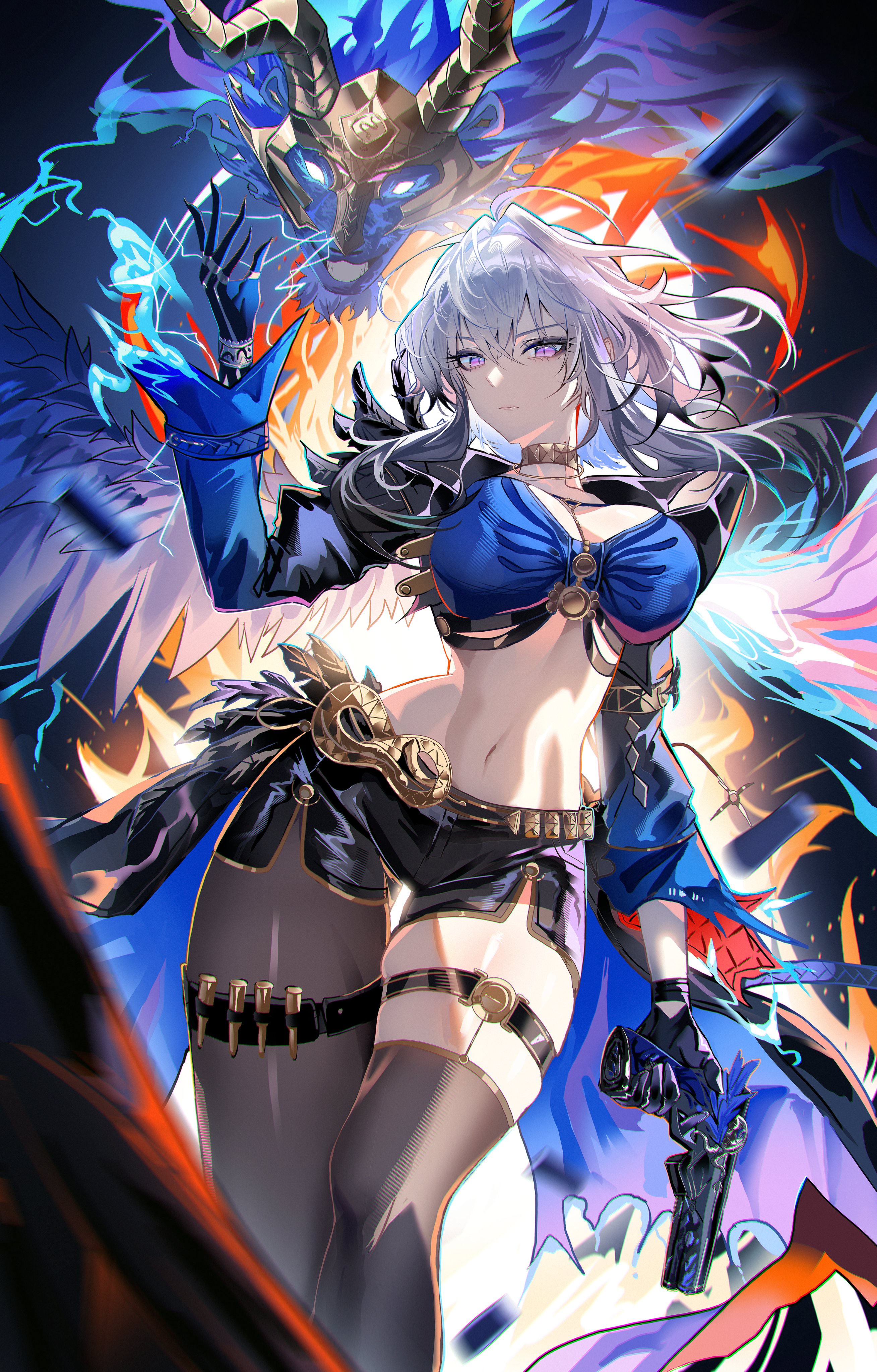 soare lucien, galbrena (wuthering waves), wuthering waves, absurdres, commentary request, highres, second-party source, 1girl, asymmetrical wings, black jacket, black pantyhose, black shorts, black thighhighs, blue bra, bra, breasts, chimera (wuthering waves), closed mouth, cropped jacket, dual wielding, grey hair, gun, hair between eyes, hand up, holding, holding gun, holding weapon, jacket, long hair, looking at viewer, medium breasts, mutation, navel, pantyhose, purple eyes, shorts, single leg pantyhose, single thighhigh, solo, stomach, tacet discord (wuthering waves), thighhighs, underwear, weapon, wings