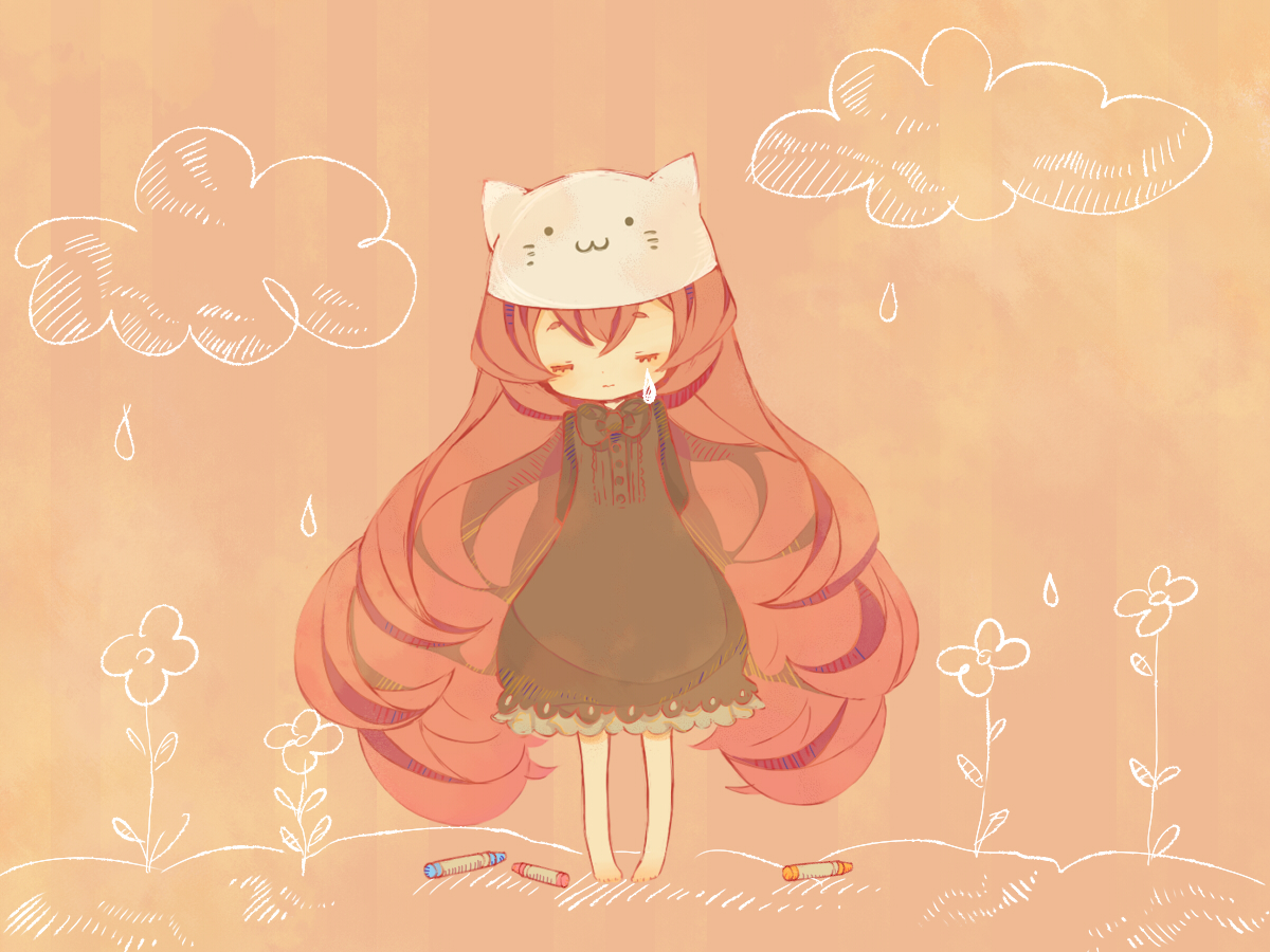 wakusei, megurine luka, megurine luka (toeto), toeto (vocaloid), vocaloid, bad id, bad pixiv id, animal hat, barefoot, cat hat, chibi, crayon, hat, long hair, solo, tears, very long hair