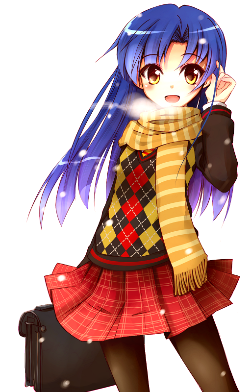npon515, kisaragi chihaya, college of angel (idolmaster), idolmaster, idolmaster (classic), 00s, 1girl, :d, adjusting hair, argyle clothes, argyle sweater, bag, blue hair, breath, briefcase, female focus, long hair, looking at viewer, necktie, open mouth, orange scarf, pantyhose, plaid clothes, plaid skirt, scarf, school bag, school uniform, skirt, smile, solo, striped clothes, striped scarf, sweater, white background, yellow eyes