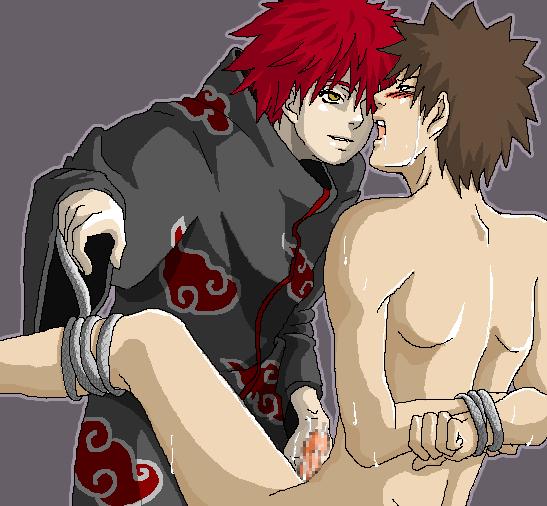 fumio (faint), kankuro, sasori (naruto), naruto (series), naruto shippuuden, 2boys, akatsuki (naruto), arms behind back, bdsm, blush, bondage, bound, censored, clothed on nude, cum, handjob, holding legs, male focus, multiple boys, nude, penis, puppet, rape, saliva, sand, tentacles, tentacles on male, yaoi