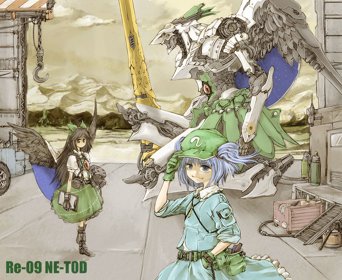 cervus, kawashiro nitori, reiuji utsuho, touhou, 2girls, black hair, blouse, blue hair, female focus, hand on own hip, hangar, hat, mecha, multiple girls, ribbon, robot, shirt, skirt, sky, two side up, white shirt, wings