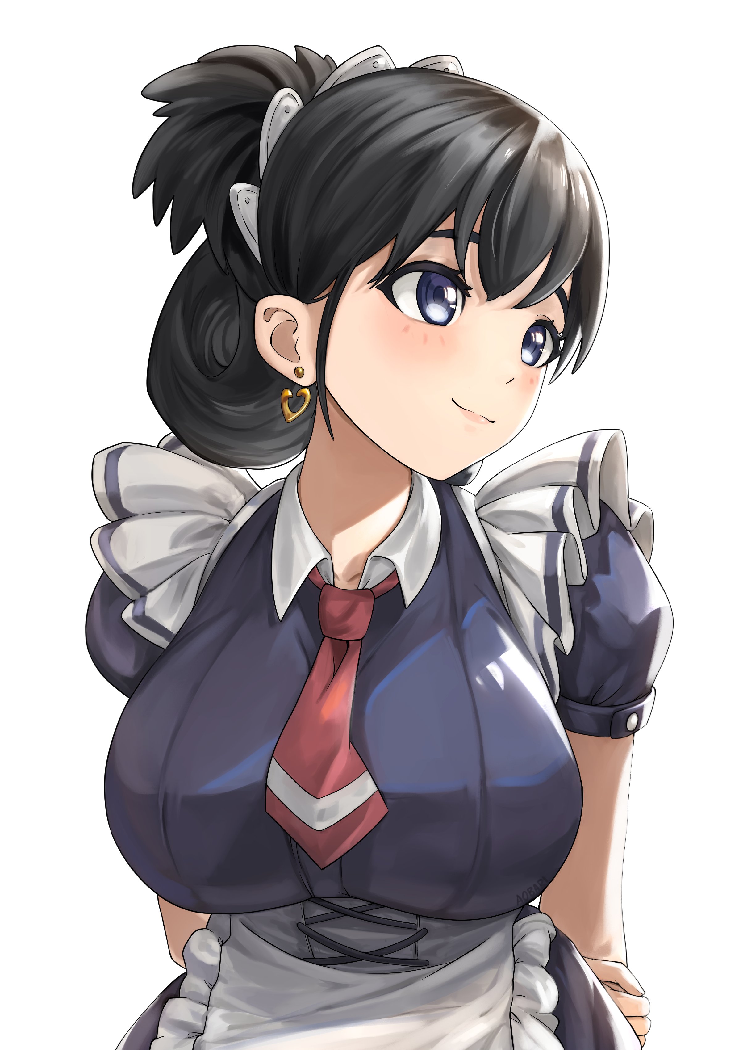 absurdres, commentary, english commentary, highres, 1girl, apron, arms behind back, black hair, blush, breasts, closed mouth, collarbone, collared dress, dress, earrings, hair between eyes, jewelry, large breasts, looking to the side, lucasaobari, maid, maid apron, pourple dress, purple eyes, short sleeves, simple background, smile, solo, standing, upper body, white background