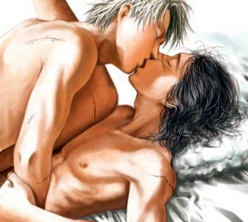 hatake kakashi, umino iruka, naruto (classic), naruto (series), artist request, jpeg artifacts, lowres, 2boys, bed, male focus, multiple boys, scar, yaoi