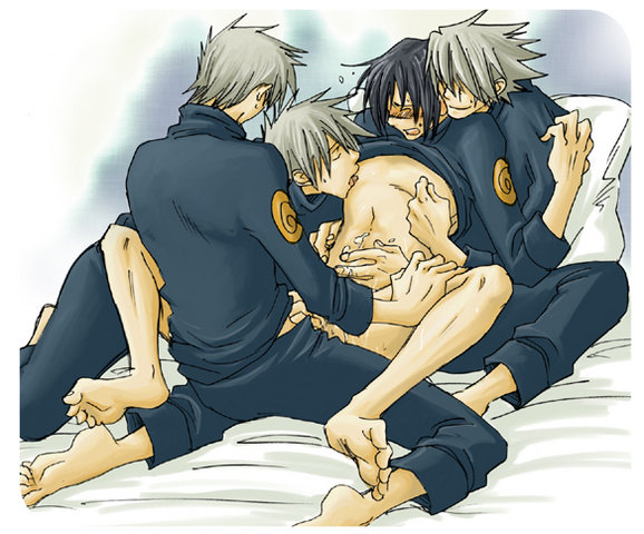 hatake kakashi, umino iruka, naruto (classic), naruto (series), artist request, 4boys, anal, bed, bottomless, clone, clothed on nude, clothes lift, cum, cum on body, group sex, licking, male focus, male penetrated, multiple boys, nipple stimulation, nipple tweak, nipples, penis, sex, shirt lift, spread legs, yaoi