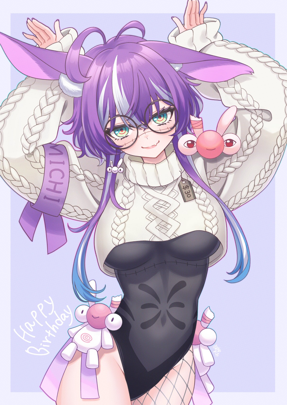nekoyanagi reo, jared (michi mochievee), michi mochievee, michi mochievee (bunny), indie virtual youtuber, highres, animal ears, antenna hair, aqua eyes, armband, arms up, black leotard, cropped sweater, fishnet thighhighs, fishnets, groin, leotard, long sleeves, purple hair, rabbit ears, round eyewear, short hair with long locks, single thighhigh, smile, stitched face, stitches, sweater, thighhighs, virtual youtuber, white streaks, white sweater
