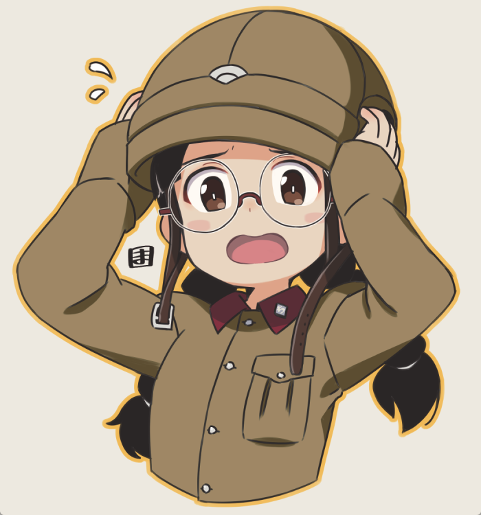 mawaru (mawaru), fukuda haru, girls und panzer, commentary request, 1girl, arms up, black hair, blush stickers, braid, brown eyes, brown helmet, brown outline, brown shirt, collared shirt, cropped torso, dress shirt, flying sweatdrops, glasses, grey background, hands on headwear, helmet, long hair, long sleeves, looking at viewer, low twintails, open mouth, outline, round eyewear, shirt, simple background, sleeves past wrists, solo, twin braids, twintails, upper body