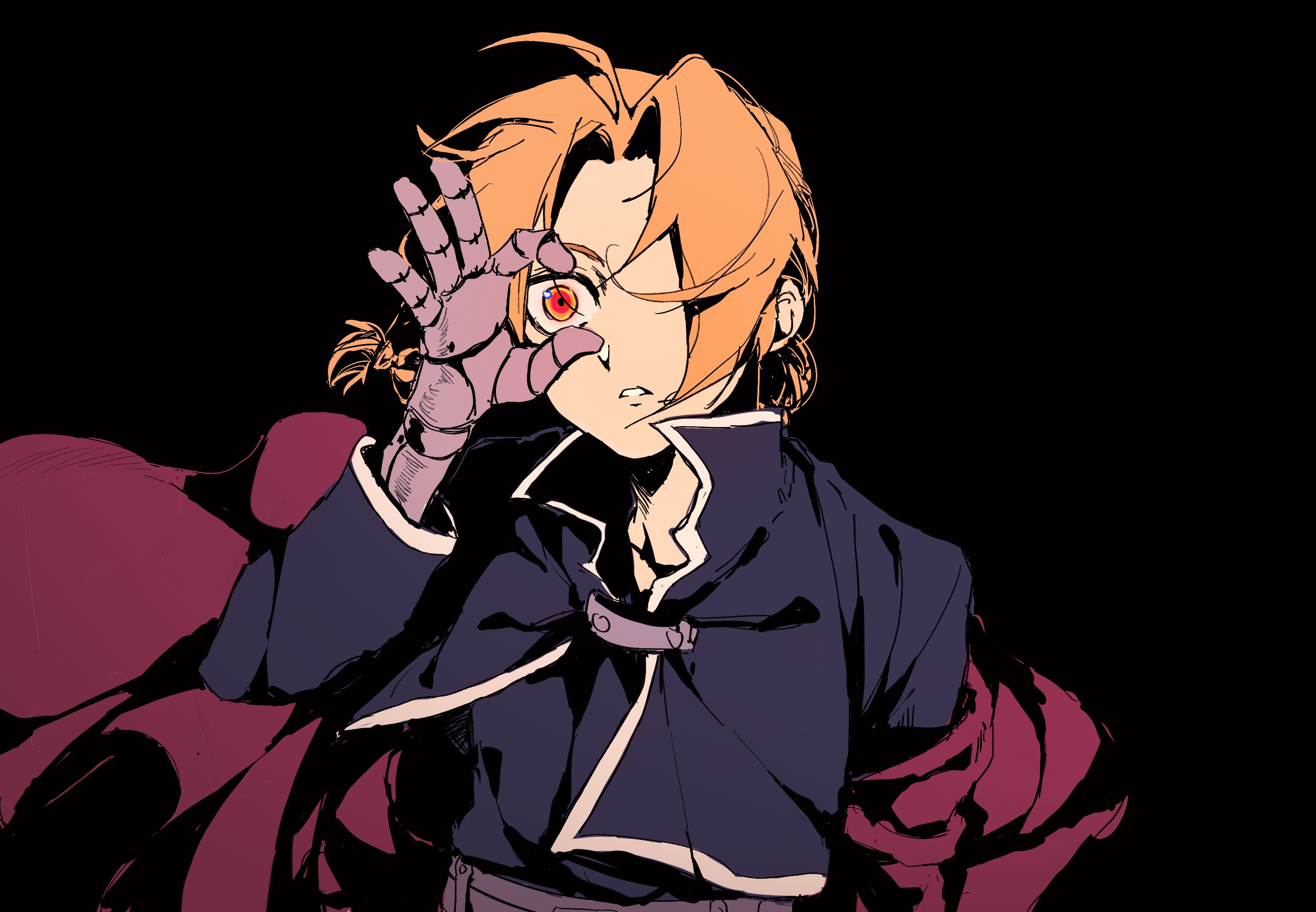 edward elric, fullmetal alchemist, highres, 1boy, ahoge, black background, black jacket, black shirt, blonde hair, braid, coat, coat partially removed, hair over one eye, holding eye open, jacket, long hair, male focus, mechanical arms, military uniform, parted bangs, parted lips, red coat, red eyes, shirt, single braid, single mechanical arm, solo, upper body, yeknnnnn