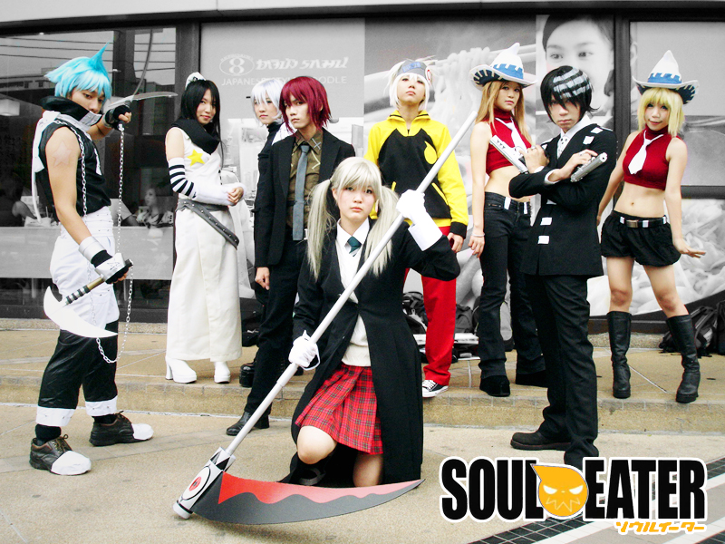 black star, death the kid, elizabeth thompson, franken stein (soul eater), maka albarn, nakatsukasa tsubaki, patricia thompson, soul evans, spirit albarn, soul eater, white footwear, photo (medium), black hair, black pants, black star (cosplay), blouse, blue hair, bolo tie, boots, chain scythe, cosplay, death the kid (cosplay), dr franken stein (cosplay), elizabeth thompson (cosplay), gloves, gun, hat, maka albarn (cosplay), midriff, nakatsukasa tsubaki (cosplay), necktie, pants, patricia thompson (cosplay), red pants, red shirt, scythe, shirt, shoes, soul eater (cosplay), soul evans (cosplay), spirit (cosplay), striped hair, twintails, weapon, white gloves, white hair
