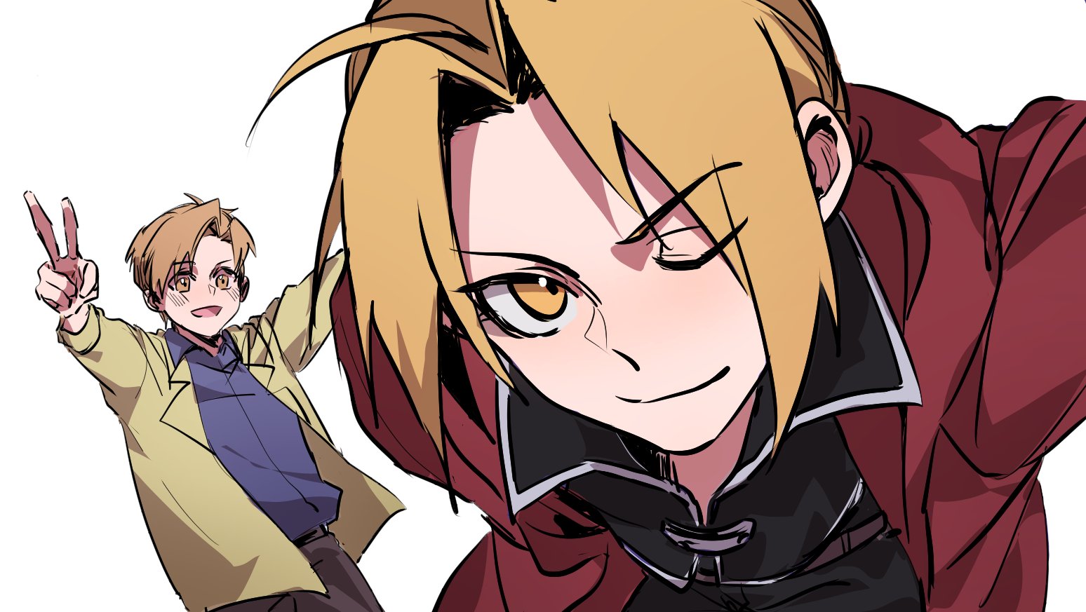 alphonse elric, edward elric, fullmetal alchemist, 2boys, ahoge, belt, black jacket, black pants, blonde hair, blue shirt, blush, brothers, brown belt, closed mouth, coat, grey pants, jacket, leaning forward, looking at viewer, male focus, multiple boys, one eye closed, outstretched arms, pants, parted bangs, red coat, shirt, short hair, siblings, smile, upper body, v, white background, yeknnnnn, yellow eyes, yellow jacket