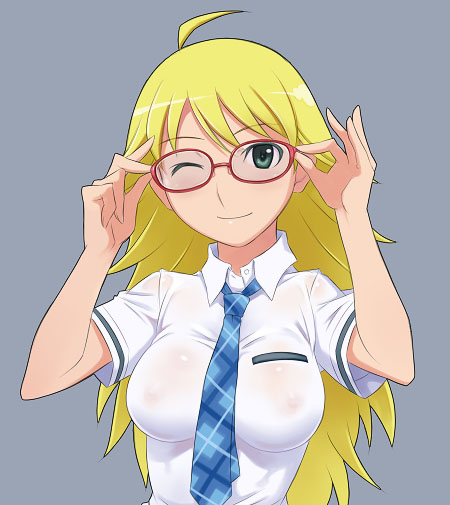 maruto!, hoshii miki, idolmaster, idolmaster (classic), 00s, 1girl, adjusting eyewear, ahoge, blonde hair, breasts, female focus, glasses, long hair, medium breasts, necktie, nipples, one eye closed, see-through clothes, simple background, solo, wink