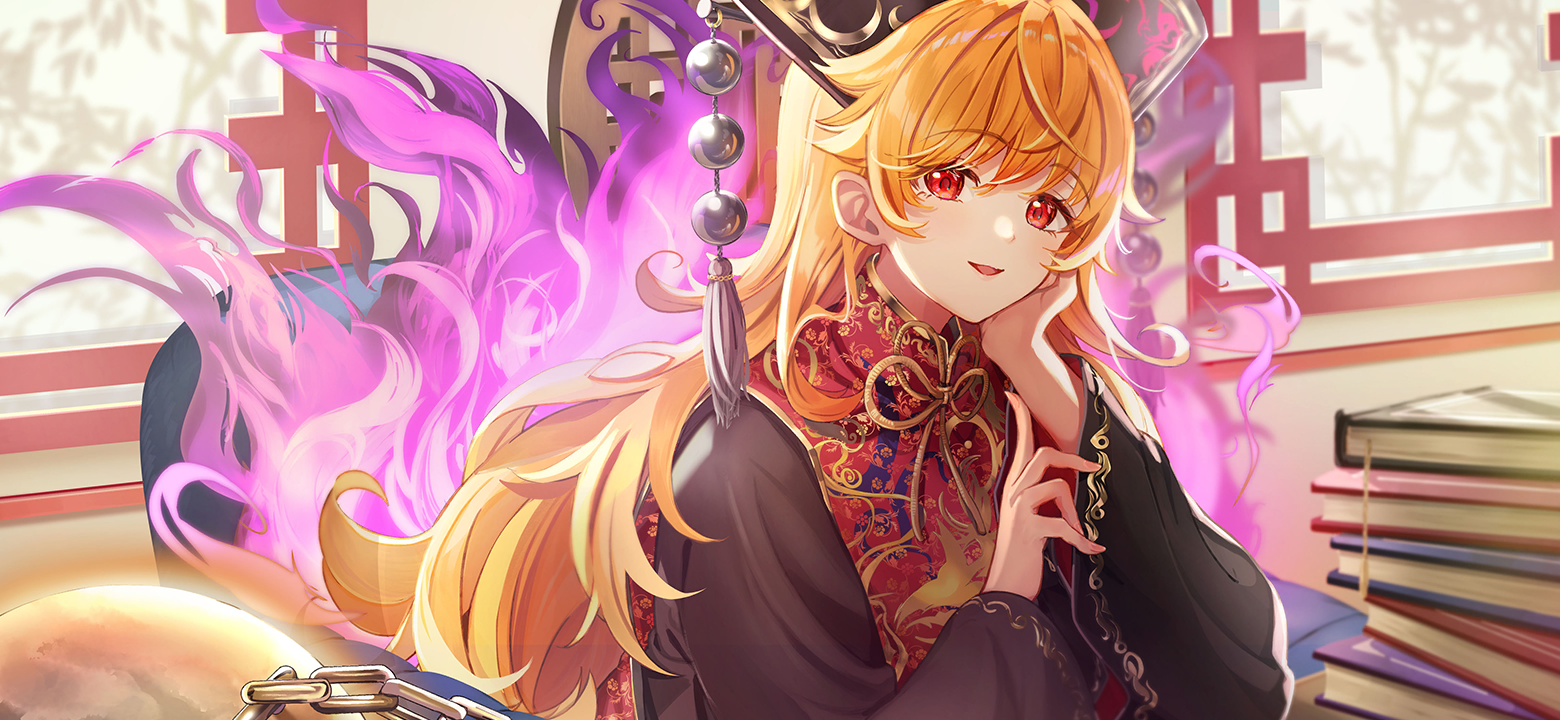 gakuon (gakuto), junko (touhou), touhou, touhou gensou eclipse, game cg, non-web source, official art, second-party source, 1girl, black dress, black hat, blonde hair, book, book stack, chain, crescent, crescent print, dalachi (headdress), dress, energy, energy tail, hand on own cheek, hand on own face, hat, long hair, long sleeves, looking at viewer, neck ribbon, open mouth, phoenix print, red eyes, red tabard, ribbon, sitting, smile, solo, tabard, very long hair, wide sleeves, yellow ribbon