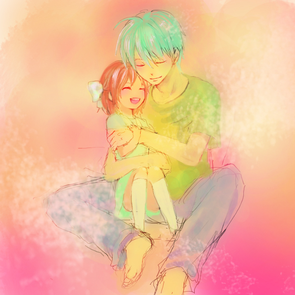 okazaki tomoya, okazaki ushio, clannad, 00s, 1boy, 1girl, age difference, barefoot, father and daughter, faux traditional media, happy, hug, ribbon, sketch, smile