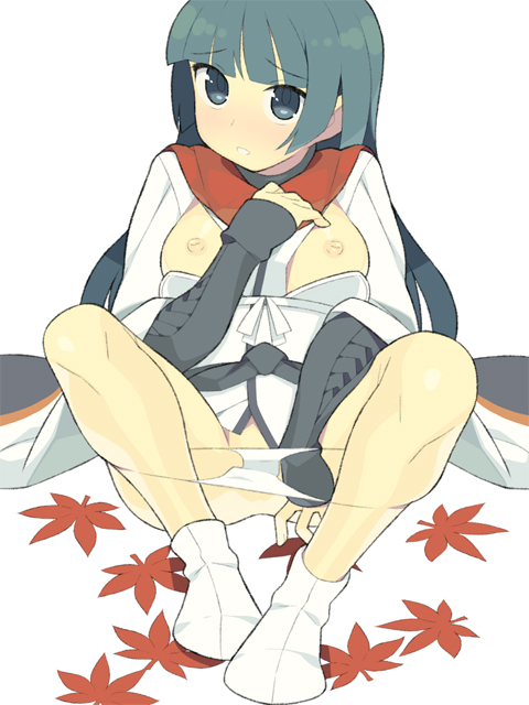 itsumo nokoru, anabuki tomoko, strike witches, strike witches: suomus misfits squadron, world witches series, 00s, 1girl, black hair, blunt bangs, breasts, female focus, leaf, long hair, medium breasts, nipples, panties, panty pull, simple background, sitting, socks, solo, underwear, white background, white socks
