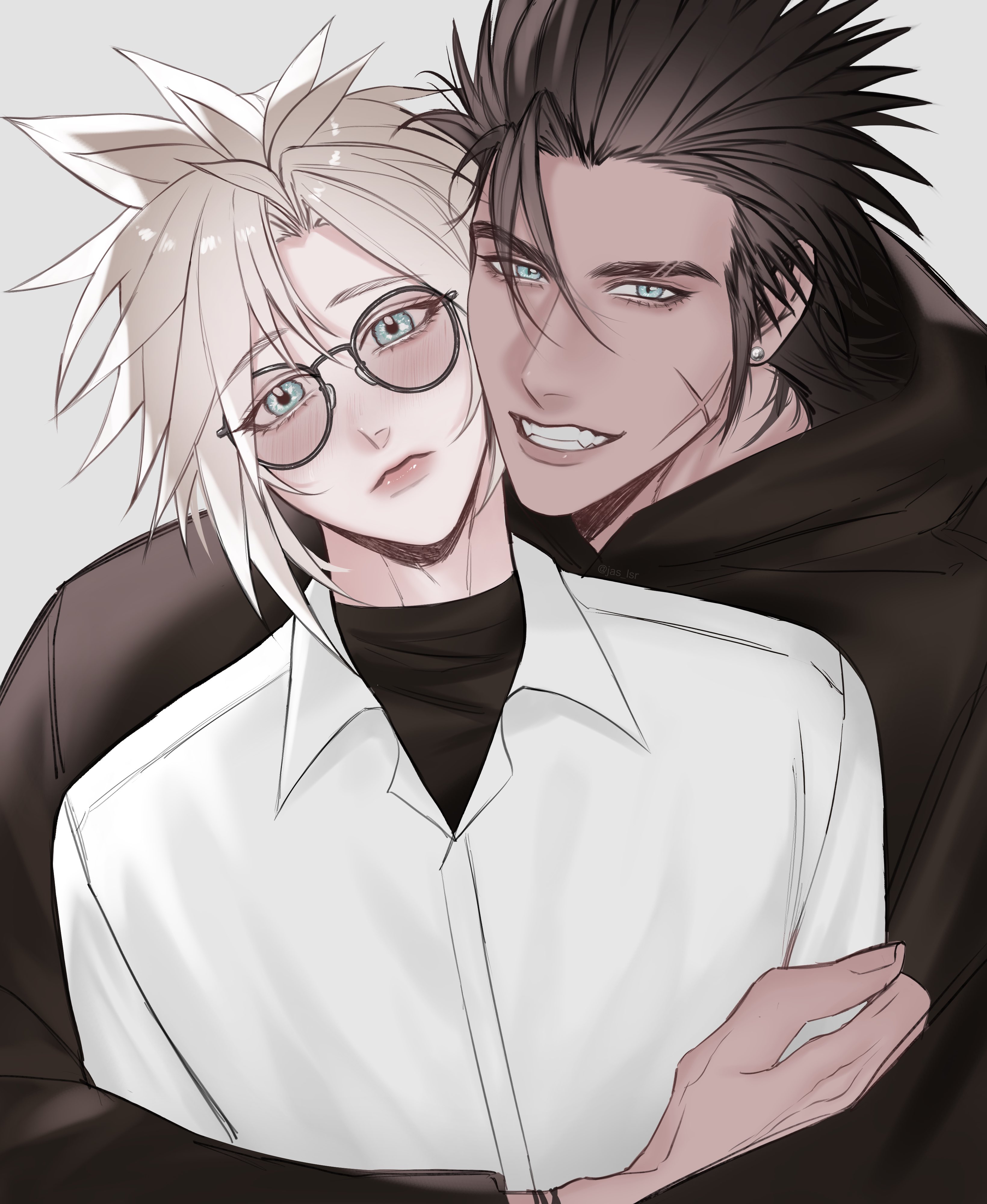 cloud strife, zack fair, final fantasy, final fantasy vii, absurdres, highres, 2boys, black hair, black hoodie, black shirt, blonde hair, blue eyes, closed mouth, collared shirt, cross scar, earrings, facial scar, glasses, grey background, grin, hair between eyes, hair slicked back, hood, hoodie, hug, hug from behind, jewelry, light blush, male focus, multiple boys, parted lips, scar, scar on cheek, scar on face, shirt, shirt under shirt, short hair, sideburns, single earring, smile, spiked hair, teeth, upper body, white shirt, yaoi, zaxkura69