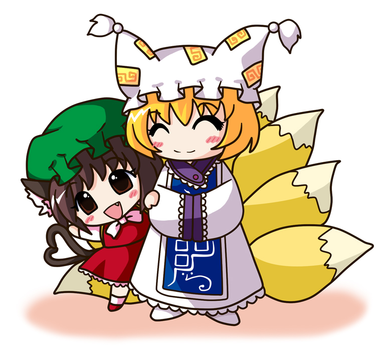 fere, ferre, chen, yakumo ran, touhou, 2girls, animal ears, animal hat, blonde hair, brown eyes, brown hair, cat ears, cat girl, cat tail, chibi, fang, female focus, fox tail, hands in opposite sleeves, happy, hat, heart, heart tail, long sleeves, mob cap, multiple girls, multiple tails, shoes, short hair, socks, tail, tassel, white background, wide sleeves