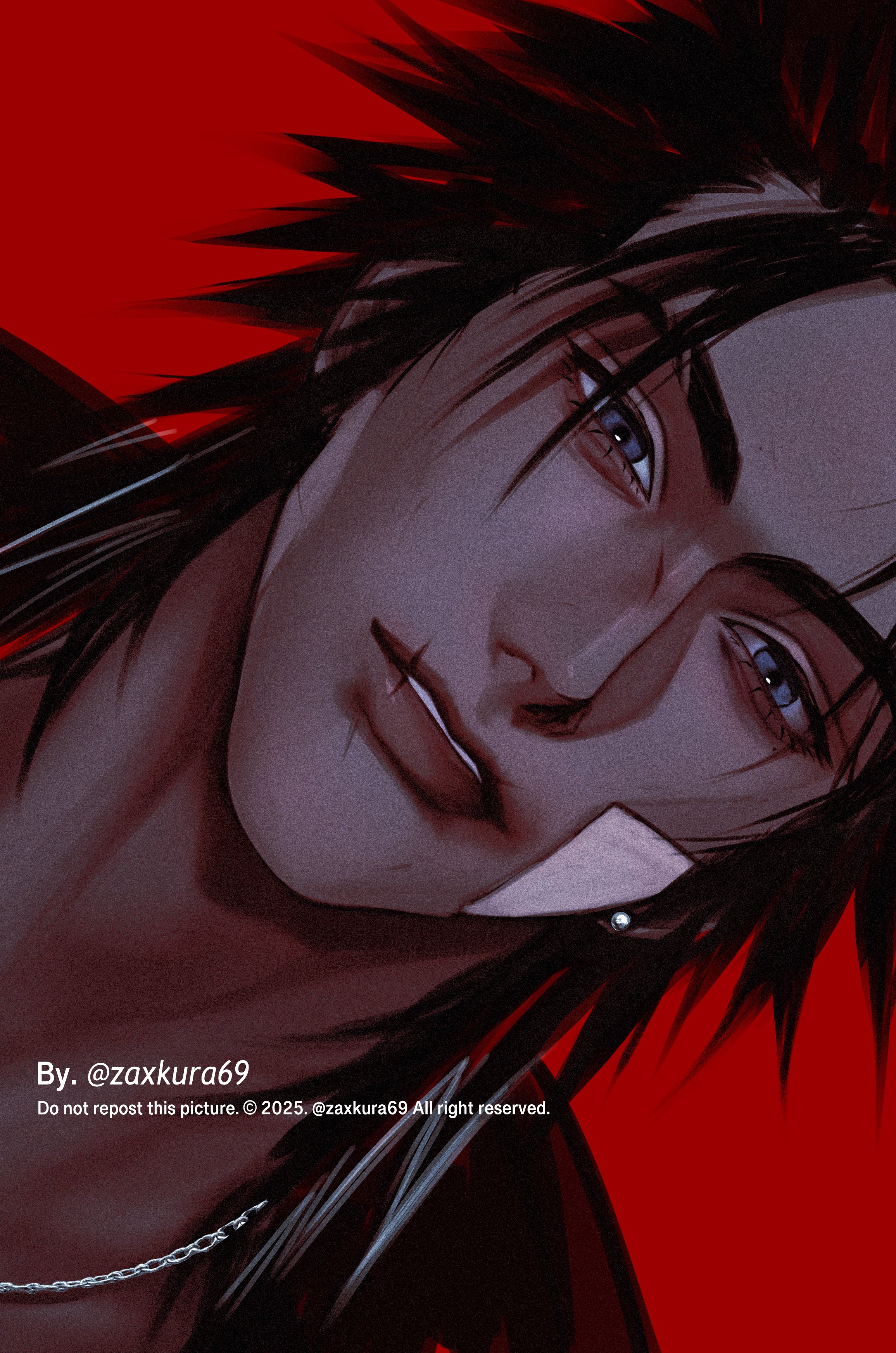 zack fair, final fantasy, final fantasy vii, final fantasy vii ever crisis, absurdres, highres, 1boy, bandaid, bandaid on cheek, bandaid on face, black hair, black jacket, blue eyes, chain, chain necklace, earrings, hair slicked back, jacket, jewelry, looking at viewer, male focus, medium hair, necklace, official alternate costume, parted bangs, parted lips, red background, scar, scar on face, scar on mouth, sideburns, single earring, solo, upper body, zack fair (midgard seventh high school), zaxkura69