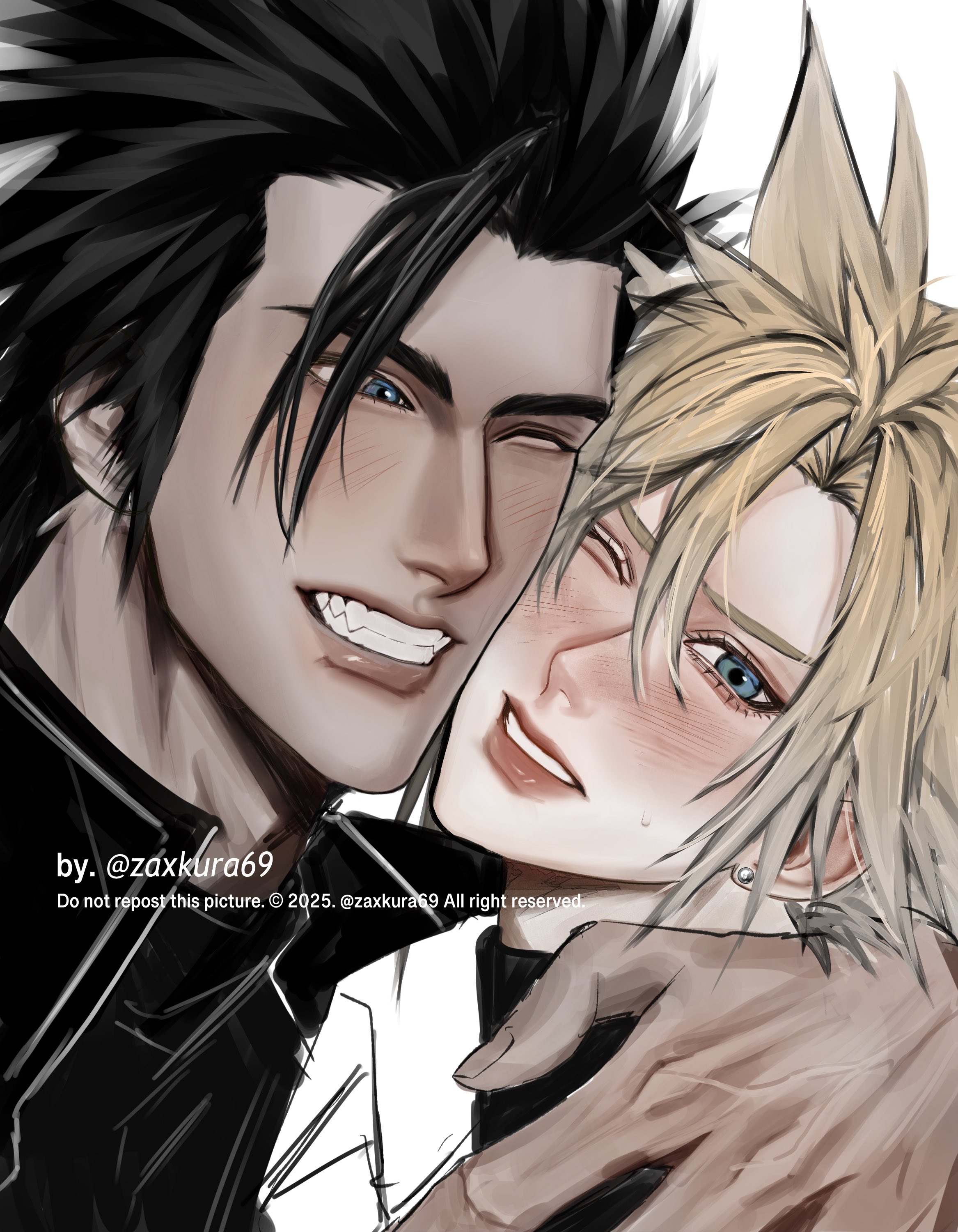 cloud strife, zack fair, final fantasy, final fantasy vii, absurdres, highres, 2boys, arm around neck, armor, black hair, black shirt, blonde hair, blue eyes, blush, cheek-to-cheek, earrings, grin, hair between eyes, hair slicked back, heads together, jewelry, looking at another, male focus, medium hair, multiple boys, one eye closed, parted lips, pauldrons, shirt, short hair, shoulder armor, sideburns, single earring, smile, spiked hair, teeth, turtleneck, twintails, upper body, white background, yaoi, zaxkura69