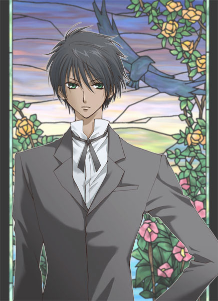 raven (hakushaku to yousei), hakushaku to yousei, 00s, 1boy, bird, black hair, dark-skinned male, dark skin, formal clothes, glowing, glowing eyes, green eyes, male focus, solo, stained glass, suit, victorian