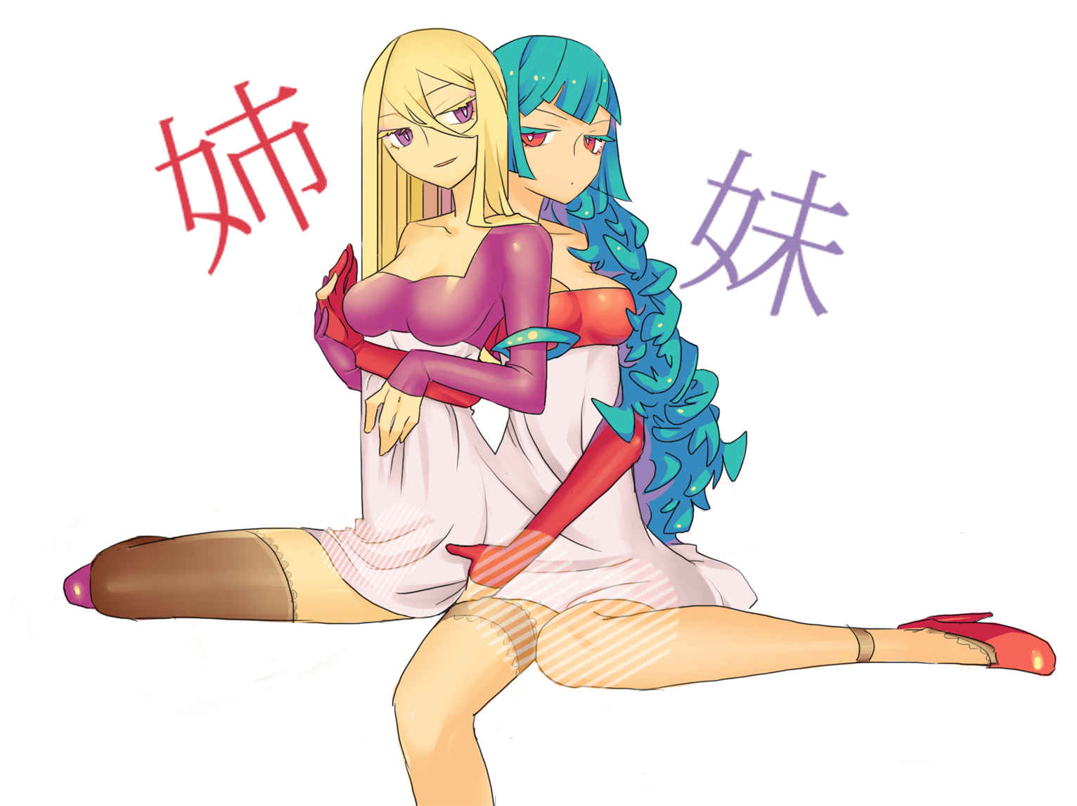 kao (gururincho), original, 2girls, conjoined, height difference, multiple girls, siblings, sisters, yuri
