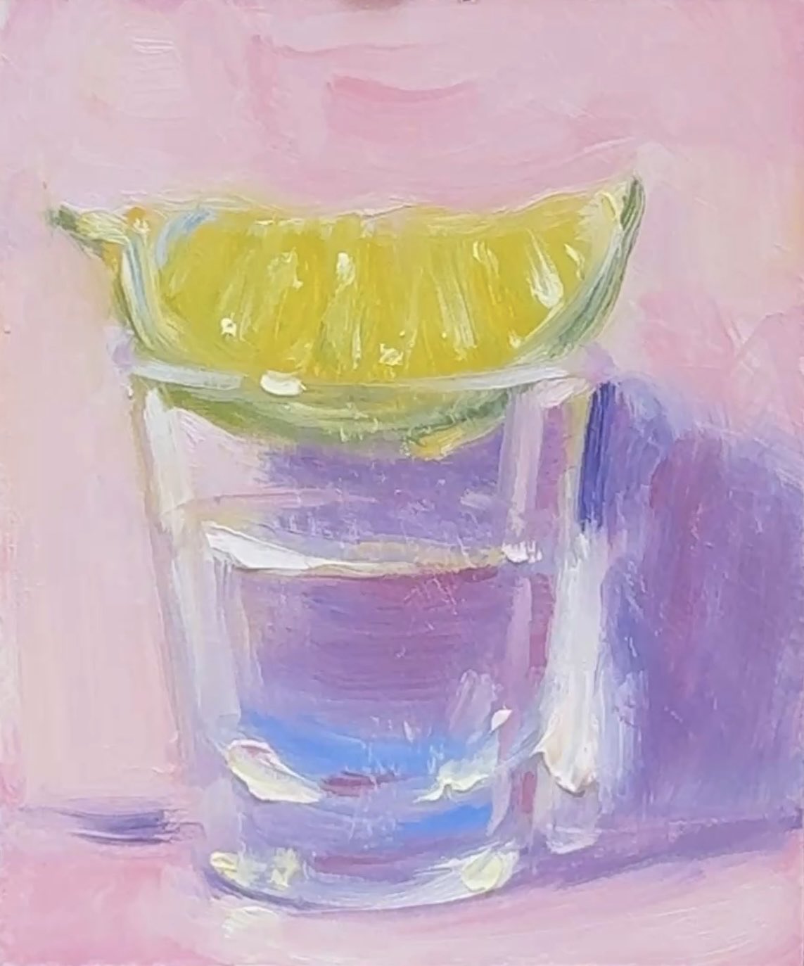 noah verrier, original, commentary, english commentary, highres, oil painting (medium), painting (medium), traditional media, alcohol, cup, drink, drinking glass, food, food focus, fruit, lime (fruit), no humans, shot glass, still life, tequila