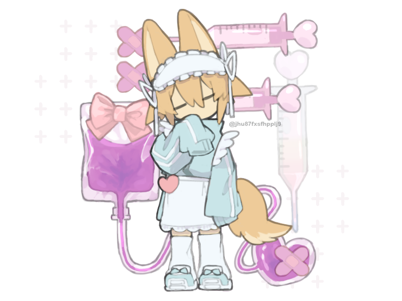 regurusu (nagarevosi), urotsuki, yume 2kki, 1girl, animal ears, apron, blonde hair, blue jacket, blue shoes, bow, closed eyes, crossed bandaids, deformed, facing viewer, frilled hairband, frills, hair flaps, hairband, hand to own mouth, hand up, head tilt, heart, intravenous drip, jacket, jersey maid, leg warmers, maid, pink bow, ribbon, shoes, short hair, sleeves past fingers, sleeves past wrists, sneakers, solo, standing, syringe, tail, track jacket, twitter username, unconventional maid, white apron, white hairband, white leg warmers, white ribbon, wolf ears, wolf girl, wolf tail
